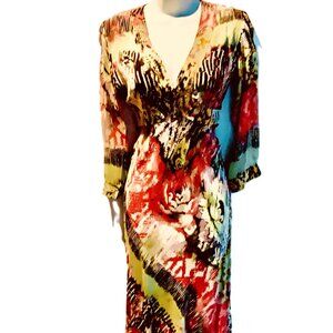 Silk Floral Abstract Dress Lined Deep V Neck Multicolor Size 4